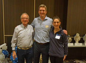 Fraij Yapoujian (left) and Elise Vaughn of Reliable Equipment Sales Meet Finish Thompson CEO Casey Bowes at the annual FTI educational conference.